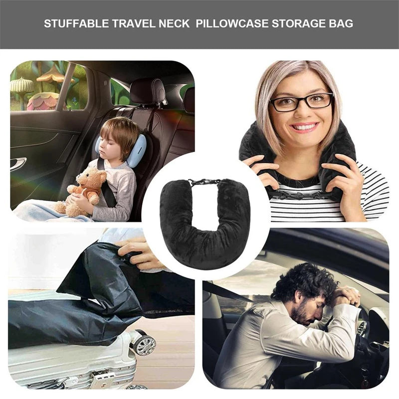 Portable Fillable Neck Pillow Space-Saving Fillable Clothes Neck Pillow Adjustable Comfortable Flannel for Car Train Airplane